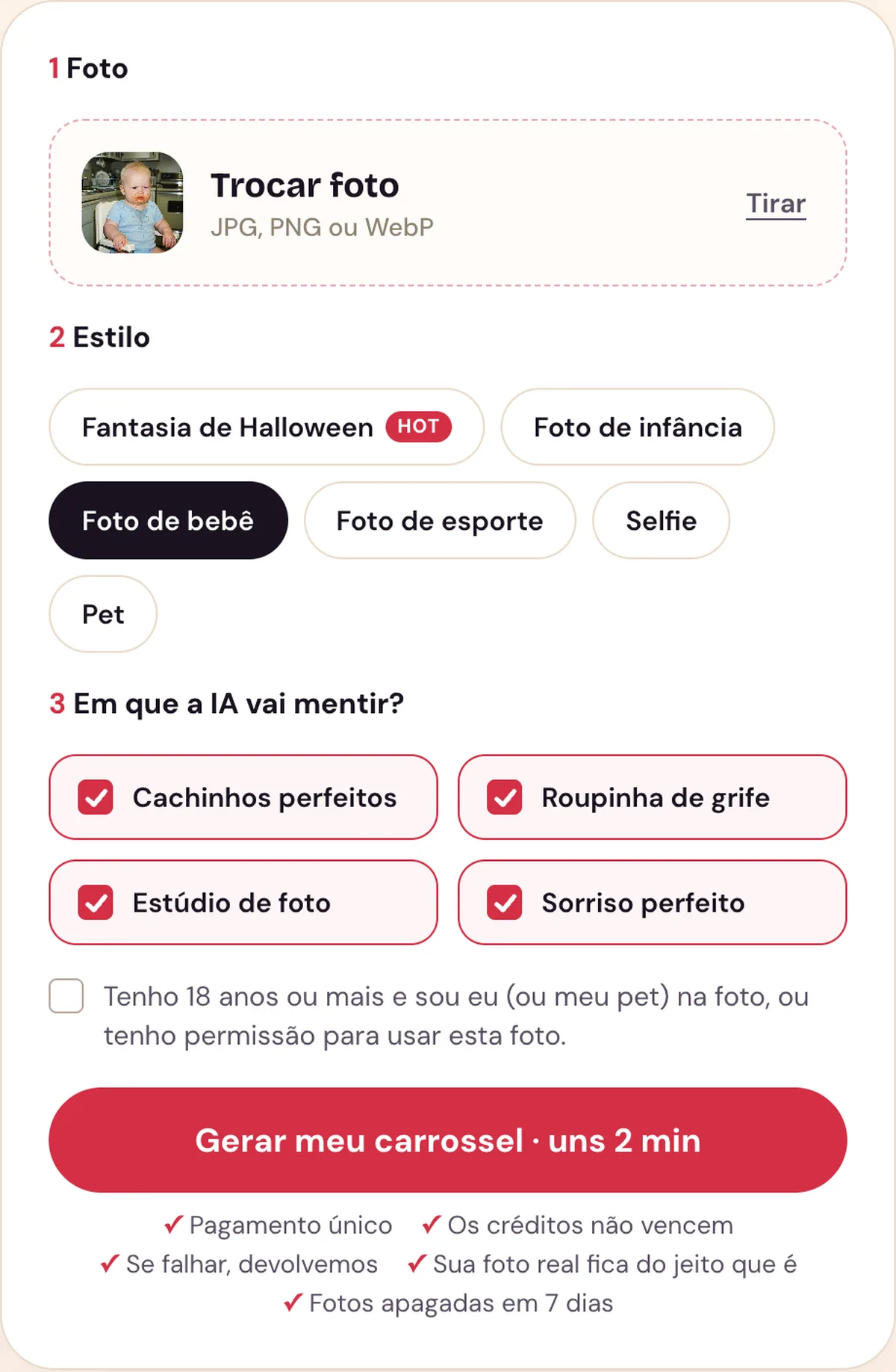 A ferramenta do Perdon Trend com uma foto de bebê enviada, o estilo Foto de bebê escolhido e quatro mentiras marcadas: cachinhos perfeitos, roupinha de grife, estúdio de foto e sorriso perfeito