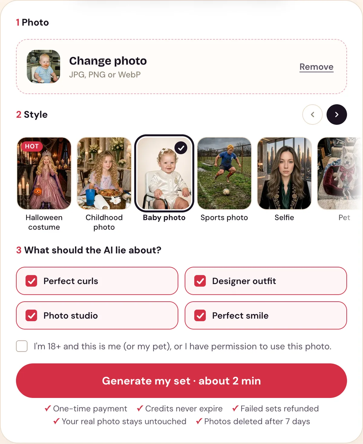 The Perdon Trend tool with a baby photo uploaded, the Baby photo style picked and its four lies ticked