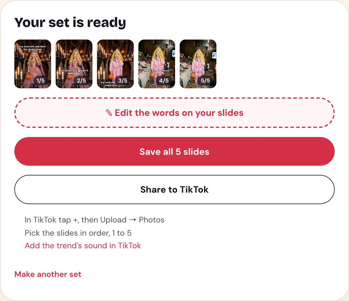 The Perdon Trend result card: five captioned slides in a row, the Edit the words on your slides button, Save all 5 slides and Share to TikTok