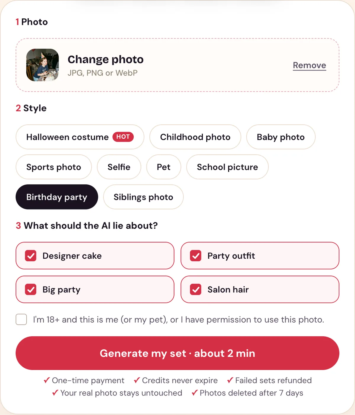 The Perdon Trend tool with a birthday photo uploaded, the Birthday party style picked and its four lies ticked