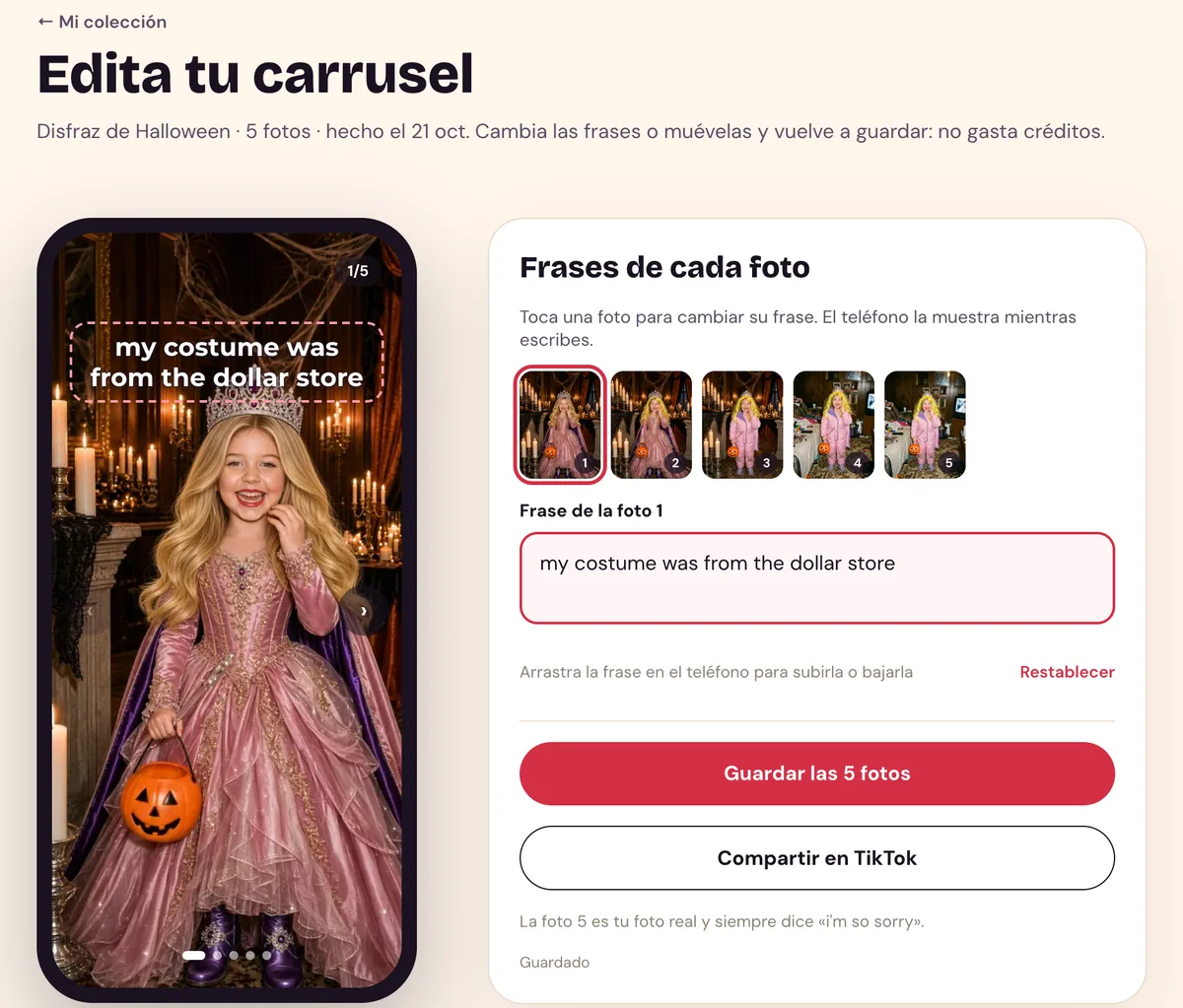 La página de edición de Perdon Trend en español: el teléfono con la frase de la foto 1, la casilla para reescribirla, el aviso para arrastrarla y la nota de que la foto 5 siempre dice el cierre