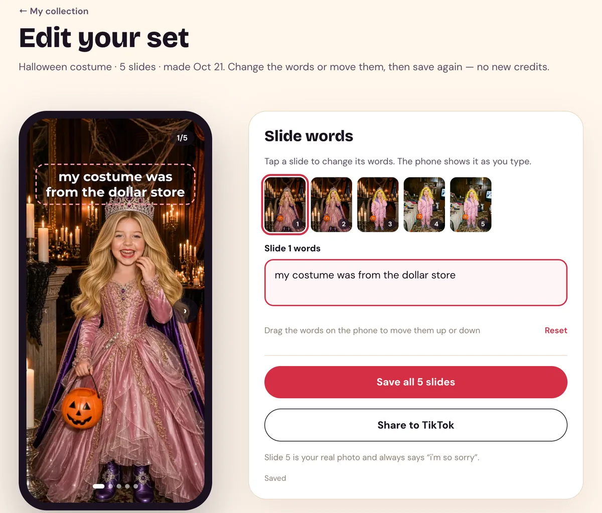 The Perdon Trend edit page: the phone preview with slide 1 caption, the box to rewrite it, the line to drag it up or down, and the note that slide 5 always says “i’m so sorry”