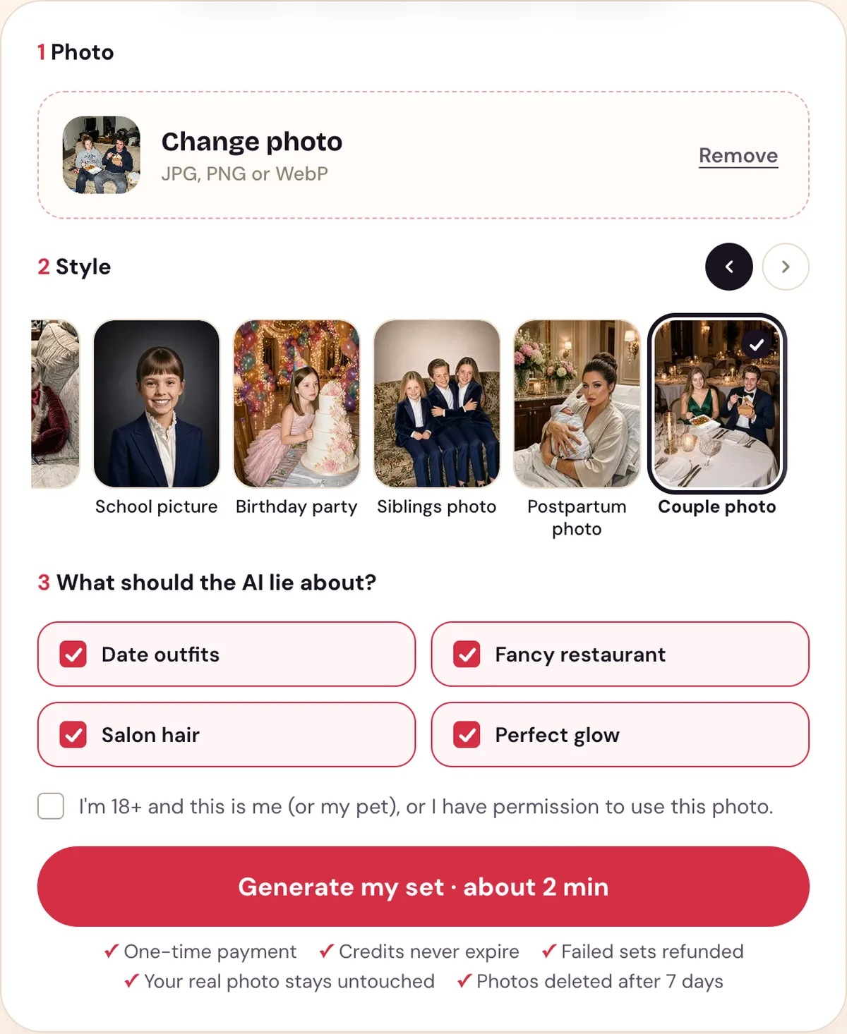 The Perdon Trend tool with a couple photo uploaded, the Couple photo style picked and its four lies ticked