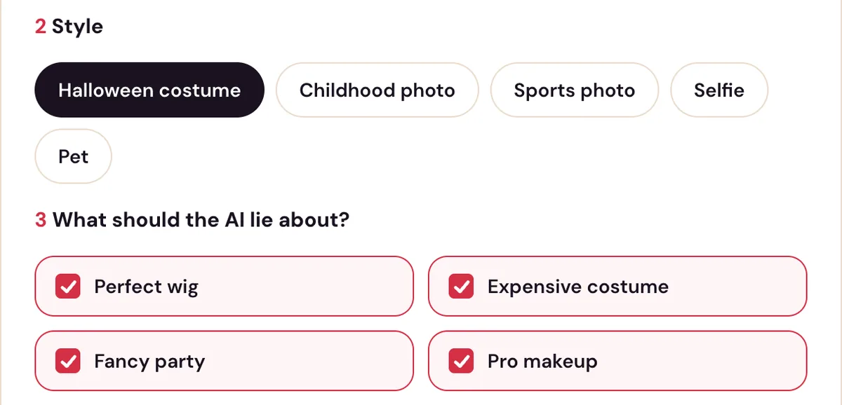The Halloween costume style in the Perdon Trend tool with its four lies ticked: perfect wig, expensive costume, fancy party, pro makeup
