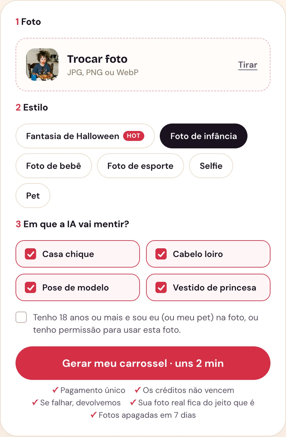 A ferramenta do Perdon Trend em português com uma foto de infância enviada, o estilo Foto de infância escolhido e quatro mentiras marcadas