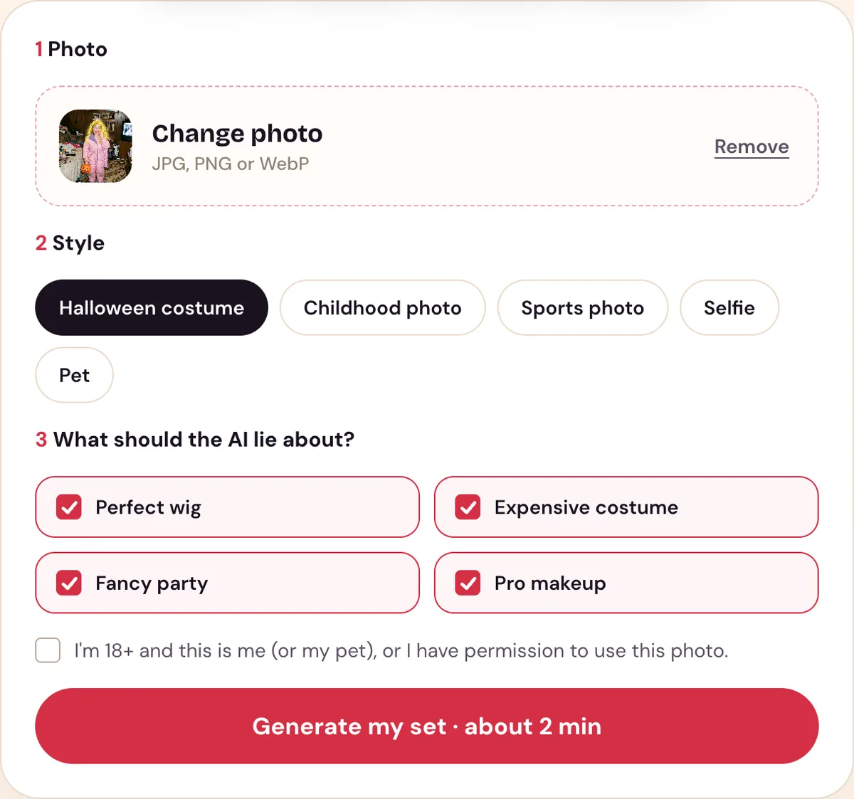 The Perdon Trend tool with a costume photo uploaded, the Halloween costume style picked and four lies ticked: perfect wig, expensive costume, fancy party, pro makeup