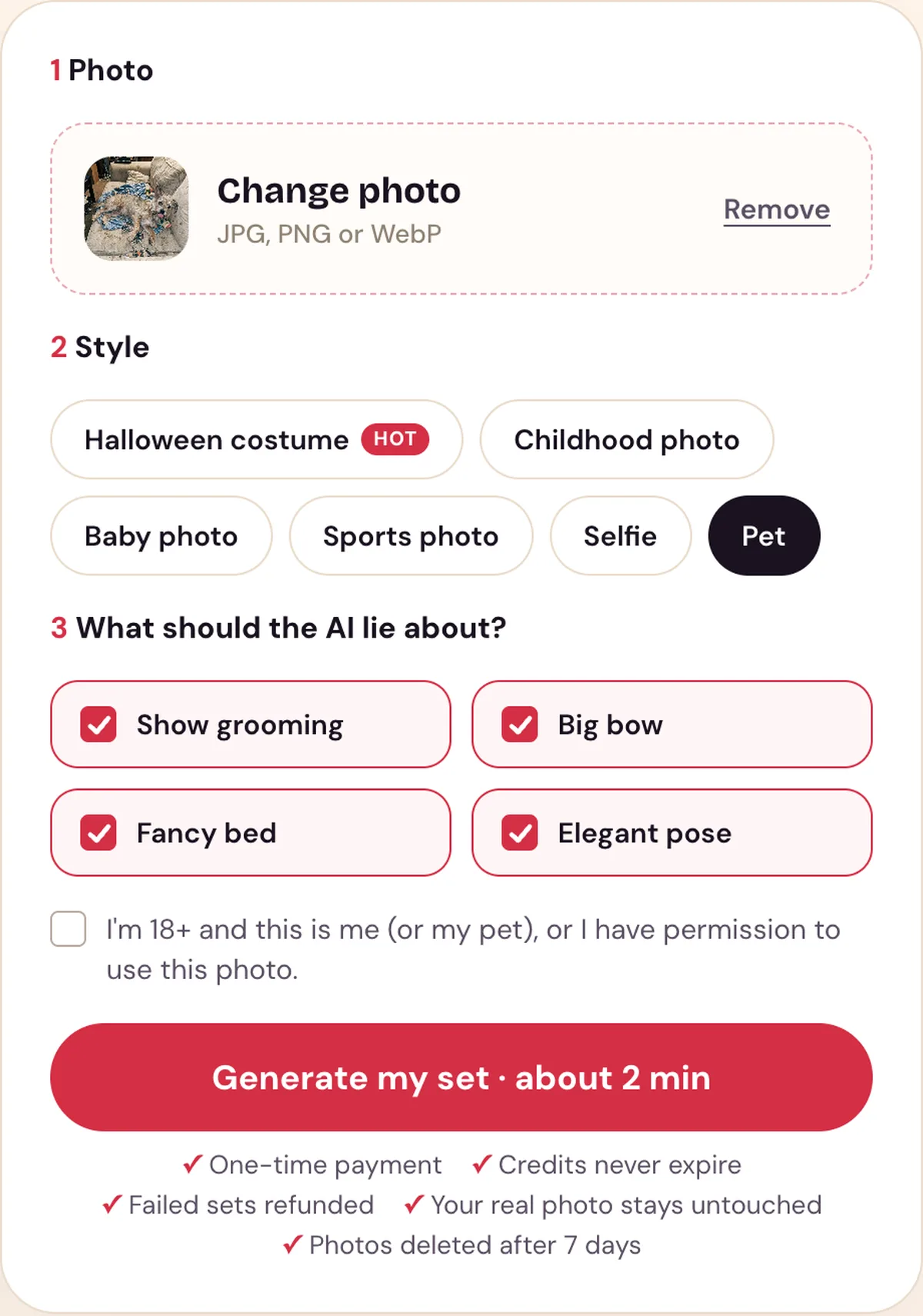 The Perdon Trend tool with a dog photo uploaded, the Pet style picked and its four lies ticked