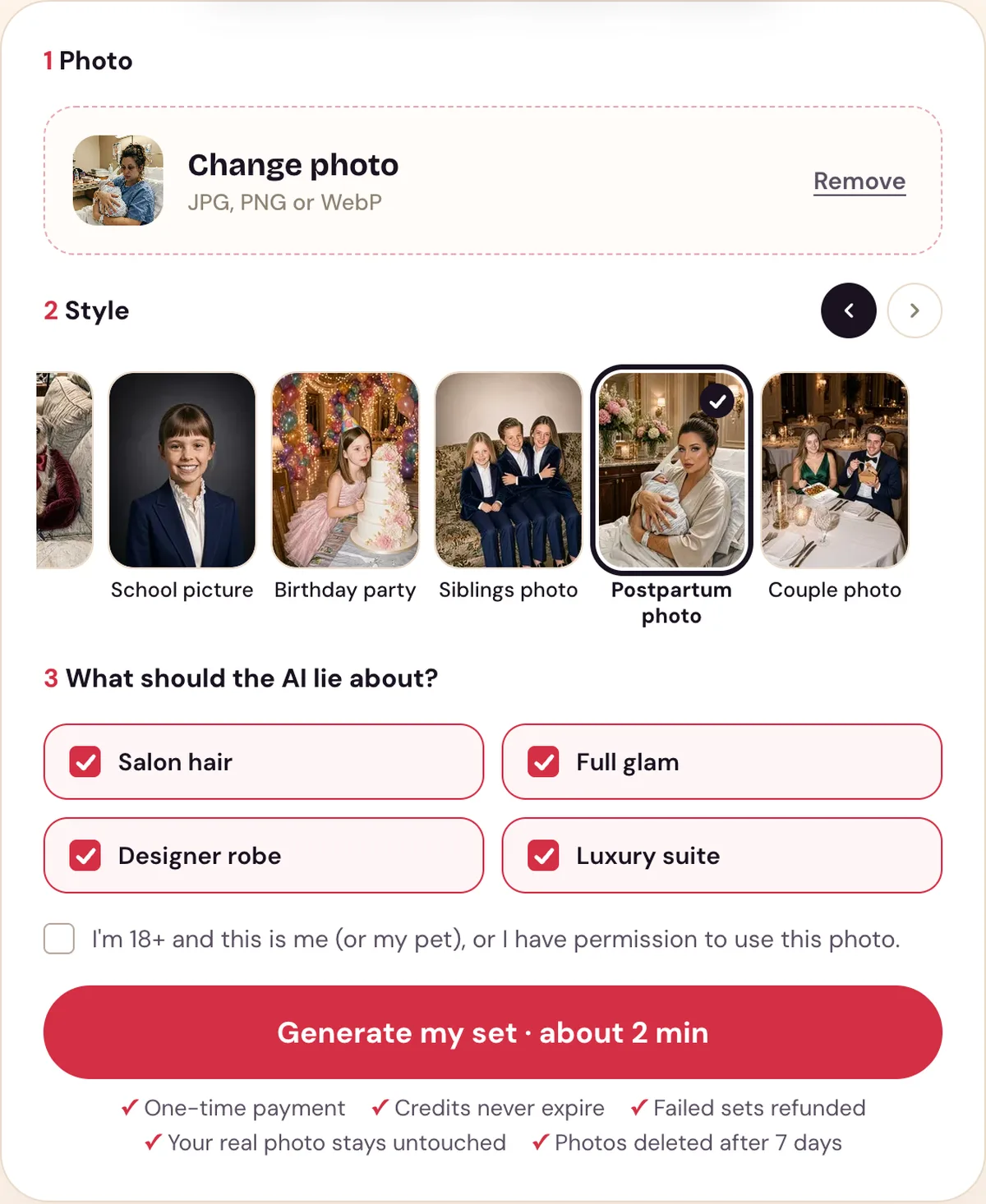 The Perdon Trend tool with a hospital photo uploaded, the Postpartum photo style picked and its four lies ticked