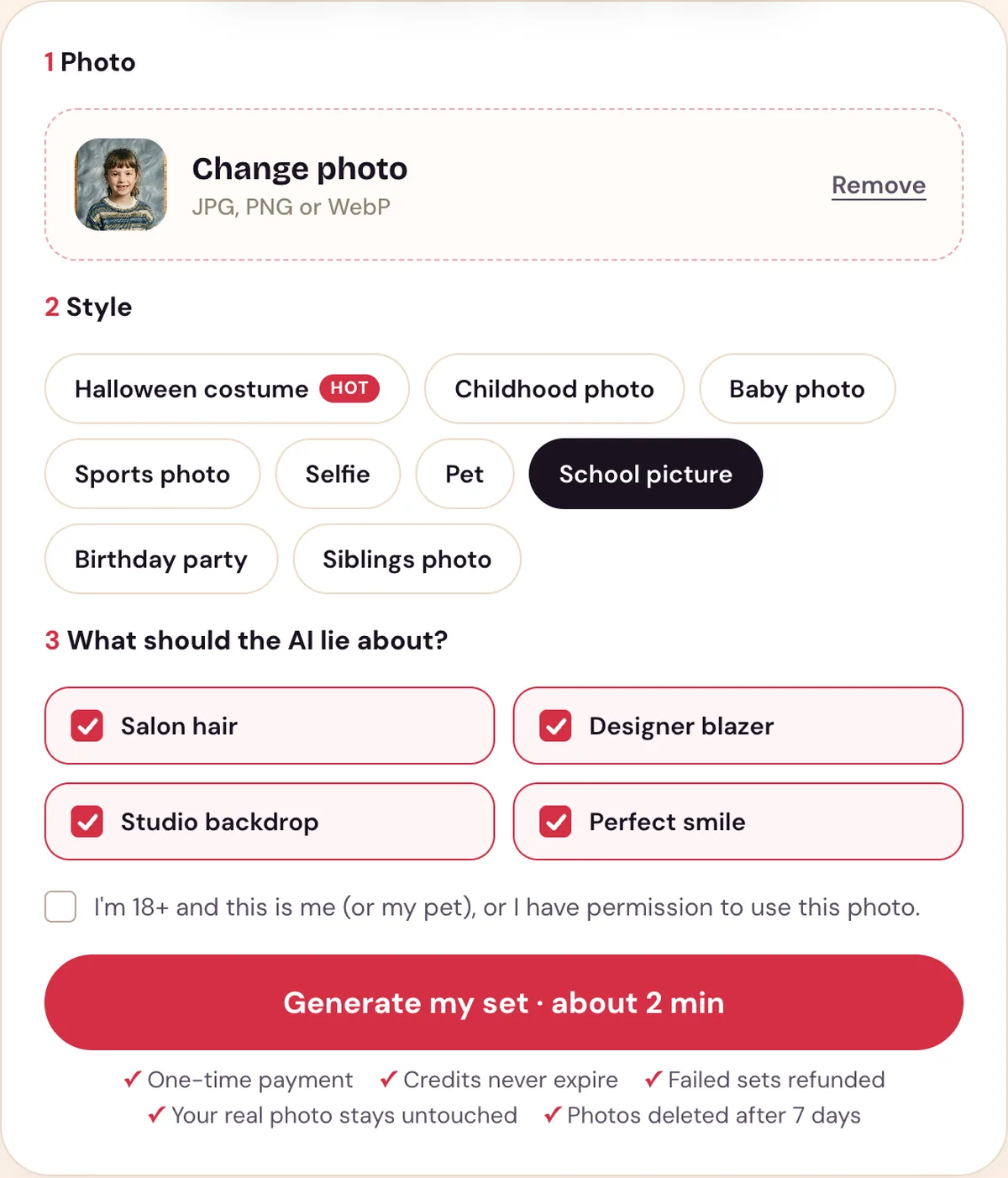 The Perdon Trend tool with a school portrait uploaded, the School picture style picked and its four lies ticked