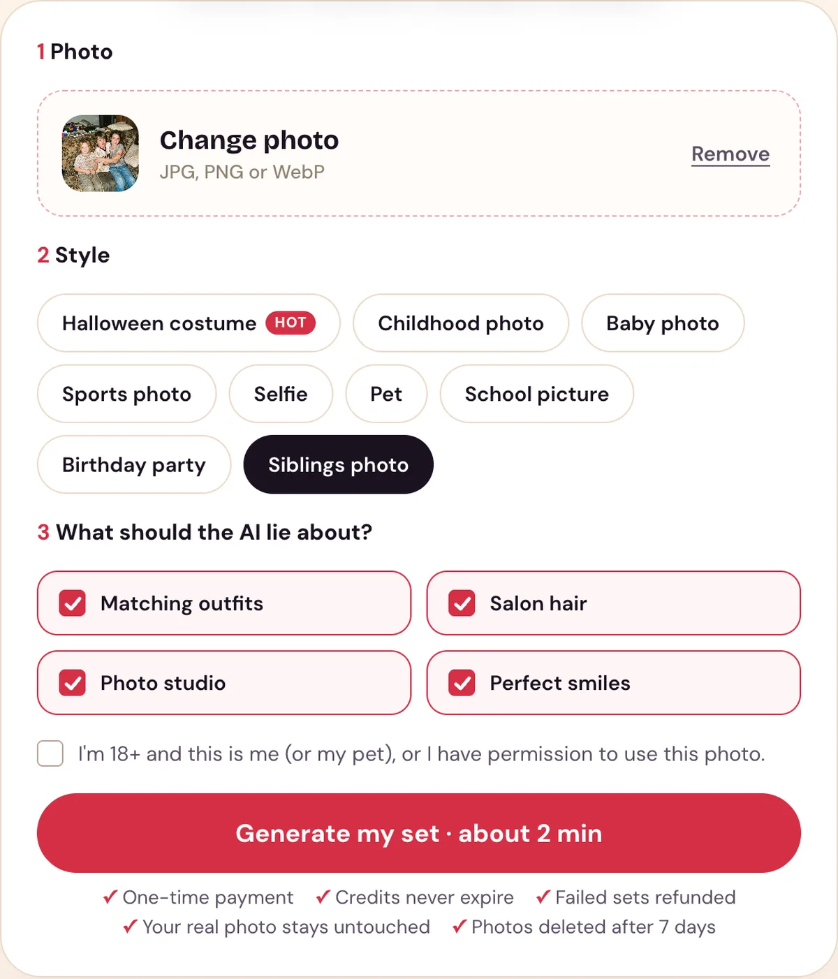 The Perdon Trend tool with a photo of three siblings uploaded, the Siblings photo style picked and its four lies ticked