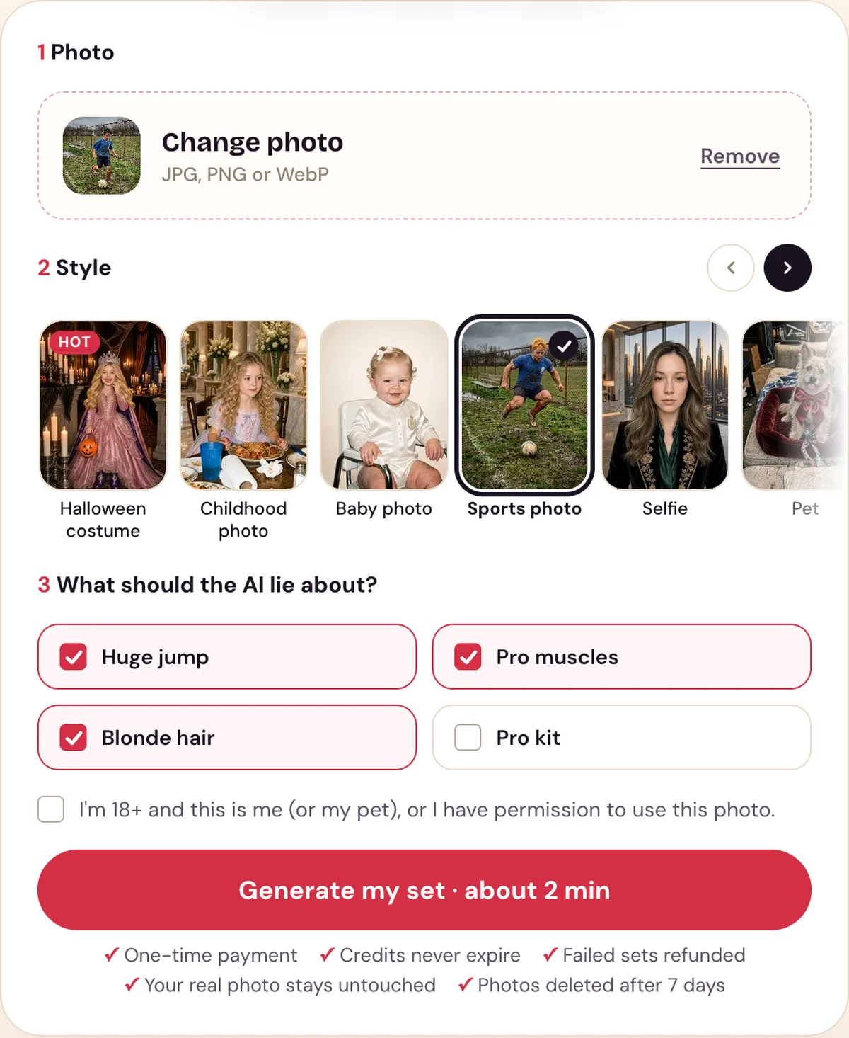 The Perdon Trend tool with a soccer photo uploaded, the Sports photo style picked and its lies ticked