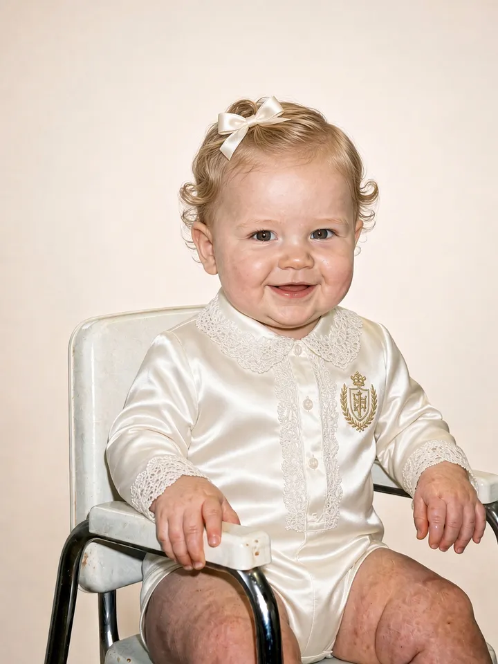 Slide 1: a baby with glossy curls, a satin bow and a white outfit smiling in a photo studio