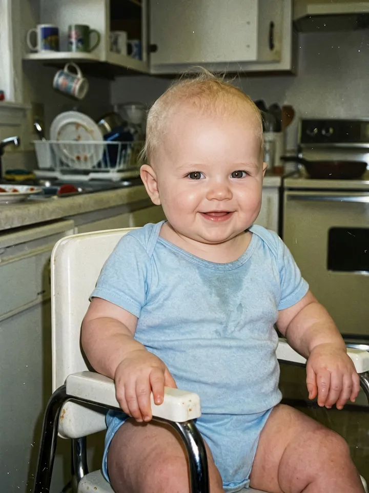 Slide 4: the studio is gone, a high chair in a cluttered kitchen