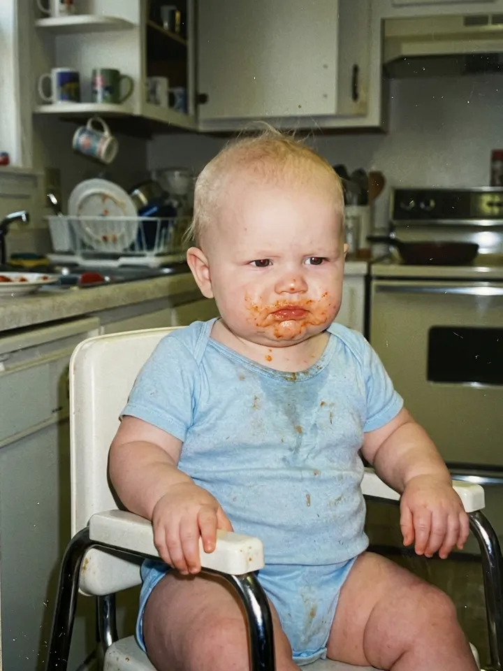 Slide 5: the real photo, a grumpy baby with food on its face