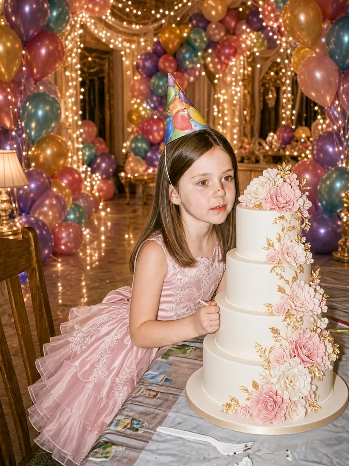 Slide 1: a girl in a party hat and pink party dress next to a tall tiered cake with sugar flowers, balloons and fairy lights behind her