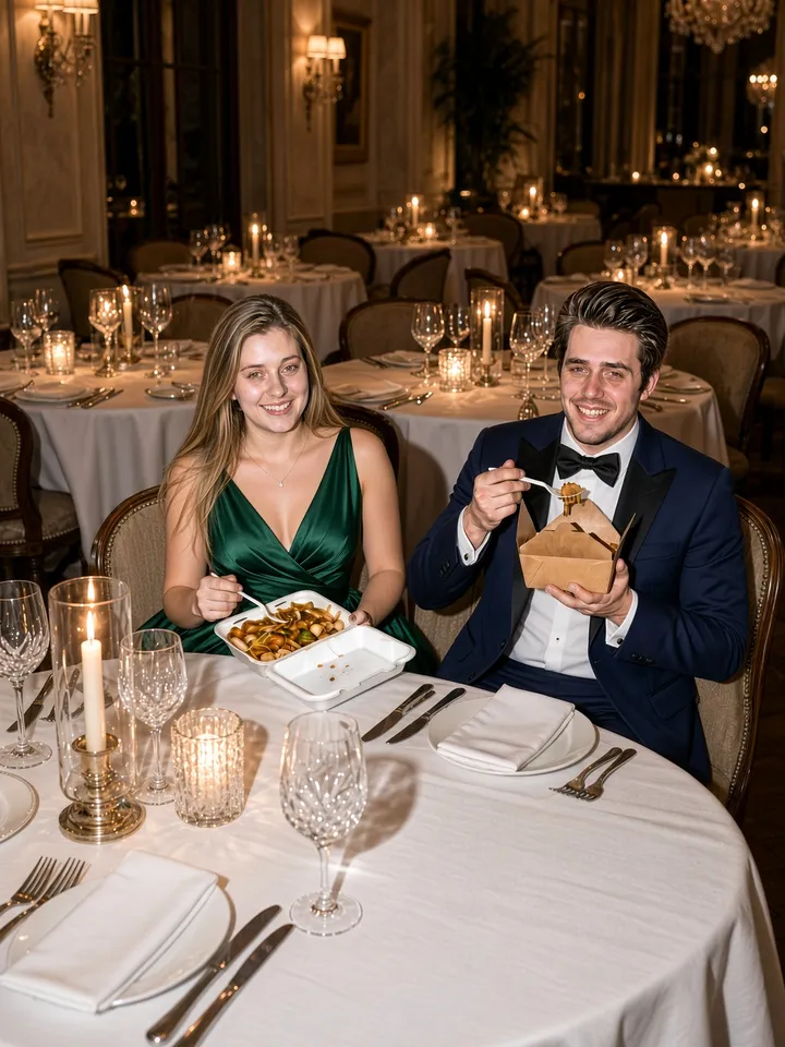 Slide 1: a couple in a green satin dress and a tuxedo at a candle-lit restaurant table