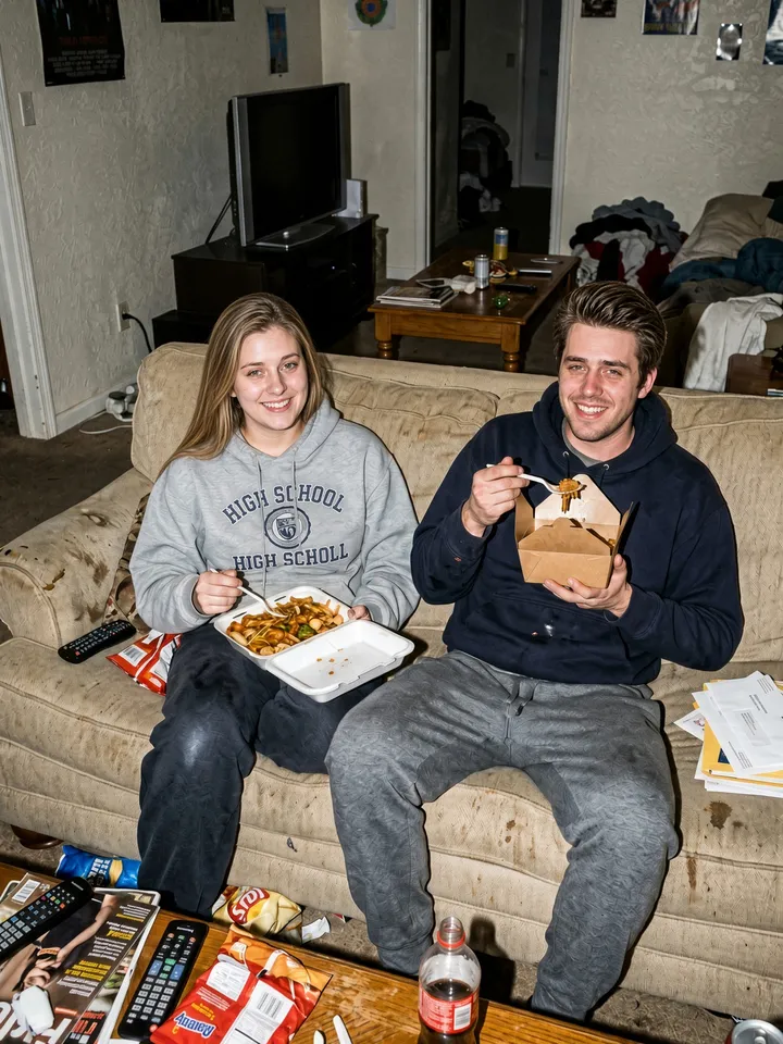 Slide 3: the restaurant is gone, a worn couch in a cluttered living room