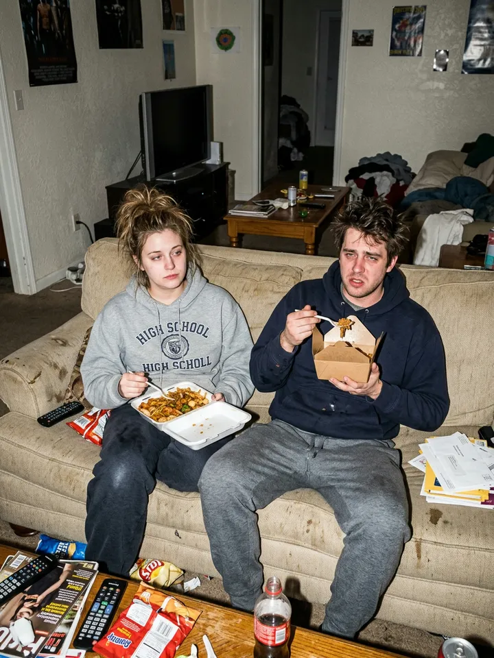 Slide 5: the real photo, both tired, eating takeout