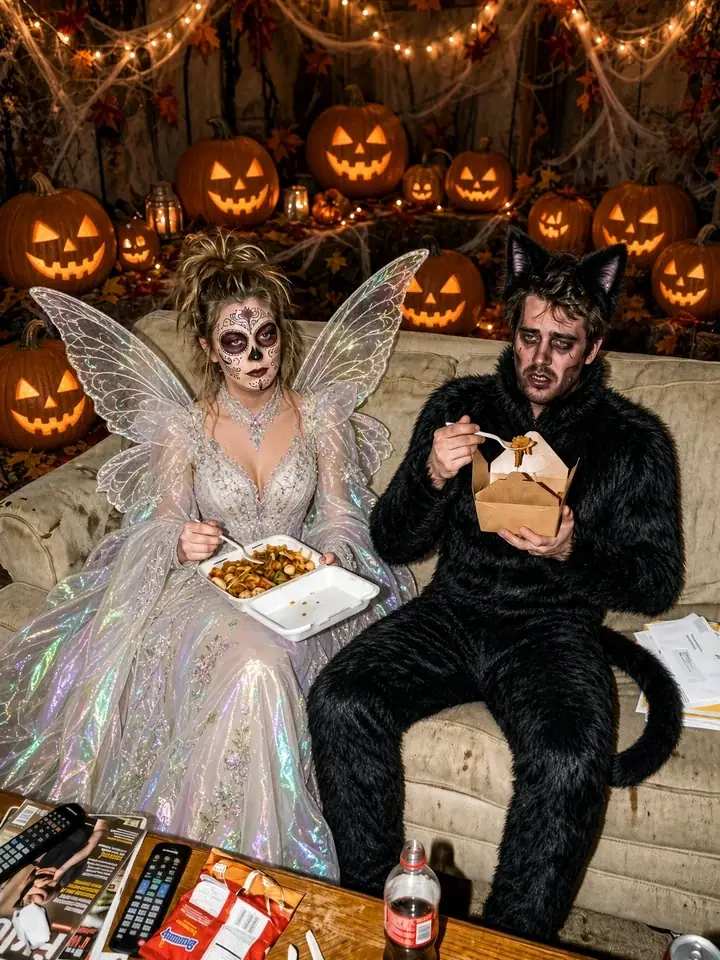 The same pair in Halloween costumes in the next slide of the reveal