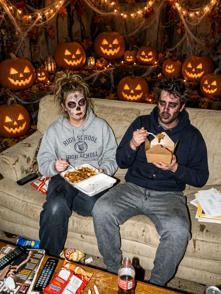 The pair on the couch as the costume details change