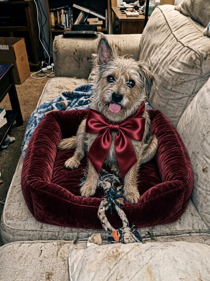 Slide 2: the same dog, bow and bed, less groomed