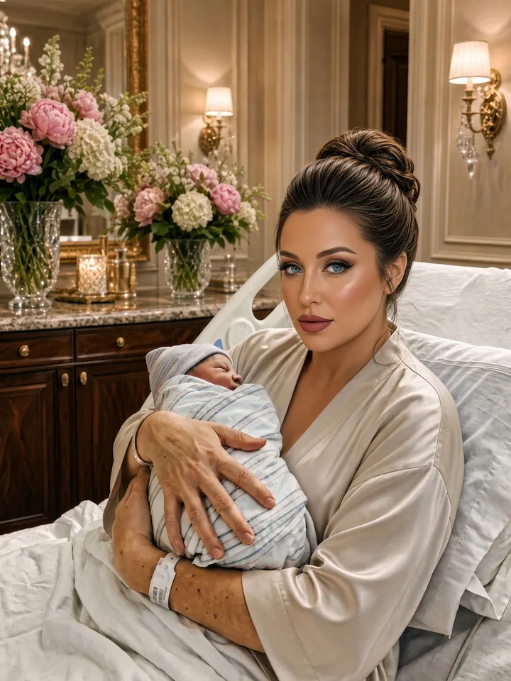 Slide 1: a new mother in full glam makeup, a neat updo and a silk robe holding her newborn in a luxury suite with flowers