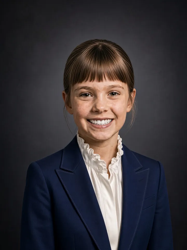 Slide 1: a girl in a navy blazer and ruffled blouse with neat hair and a perfect smile on a dark studio backdrop