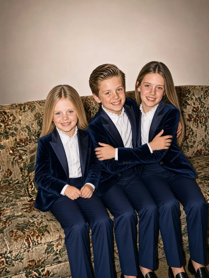 Slide 1: three siblings in matching navy velvet suits with neat hair, smiling on a floral couch